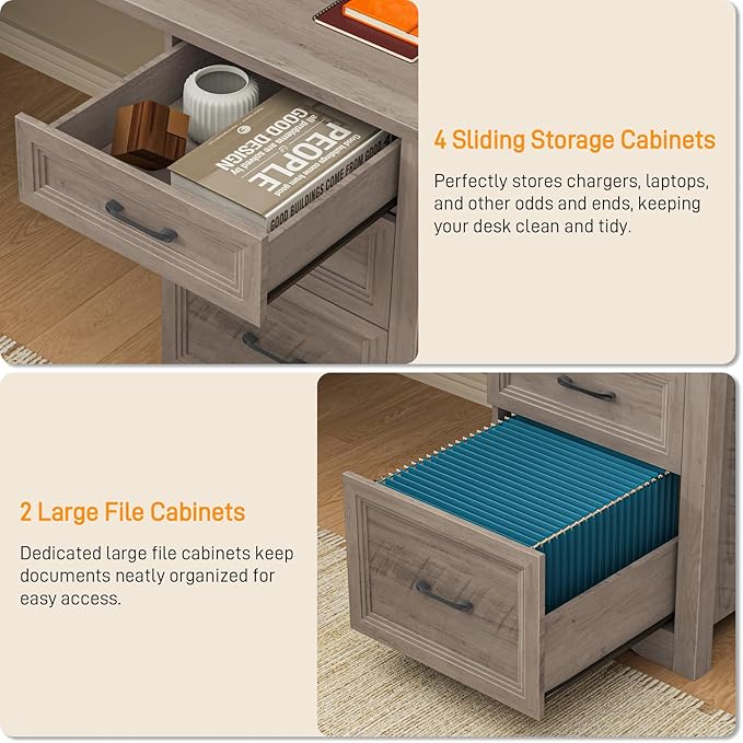 Farmhouse Home Office Desk with 6 Drawers L Shaped Executive Desk with Power Outlets and Triangle Under-Desk Storage Shelf &amp Drawer File Cabinet Corner Computer Desk Grey