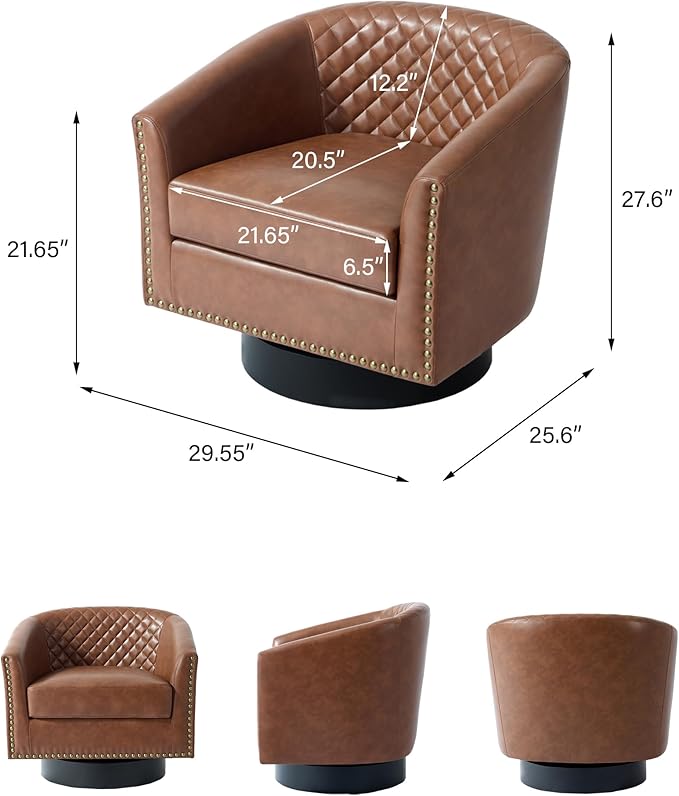 Swivel Barrel Accent Chair Set of 2 Comfy Modern Upholstered Round Faux Leather Arm Chair for Living Room Bedroom - Brown