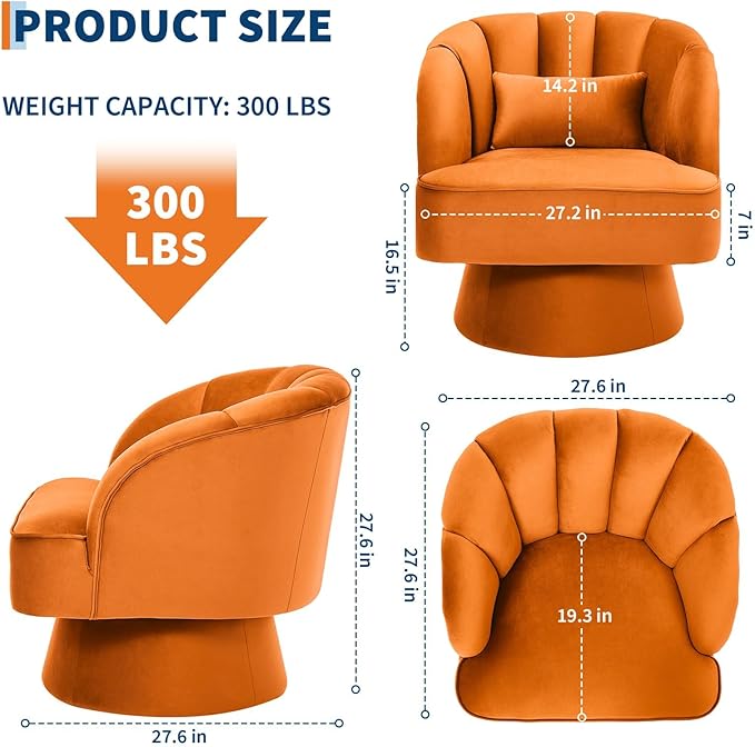 Modern 360° Swivel Barrel Accent Chair Velvet Upholstered Armchair with Striped Backrest &amp Plush Cushion Comfy Round Lounge Chair for Living Room Bedroom Orange