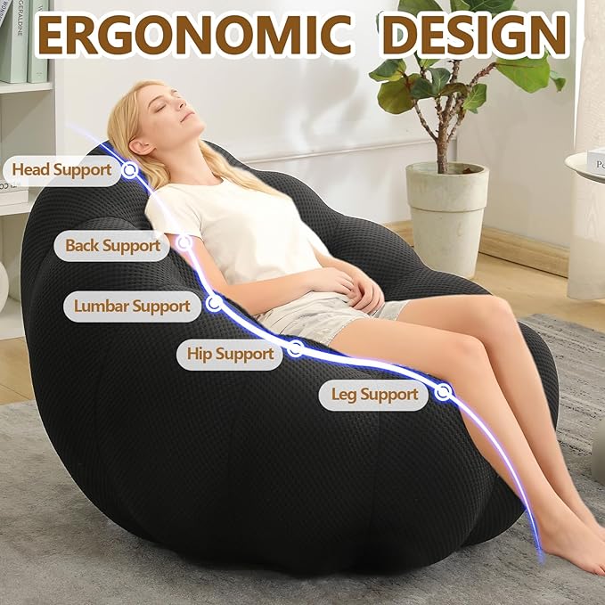 Bean Bag Chairs for Adults/Teens Reading Corner Chair Orange Beanbag Chair for Bedroom Living Room Small Comfy Chairs for Living Room Small Space No Assembly Required (Black)
