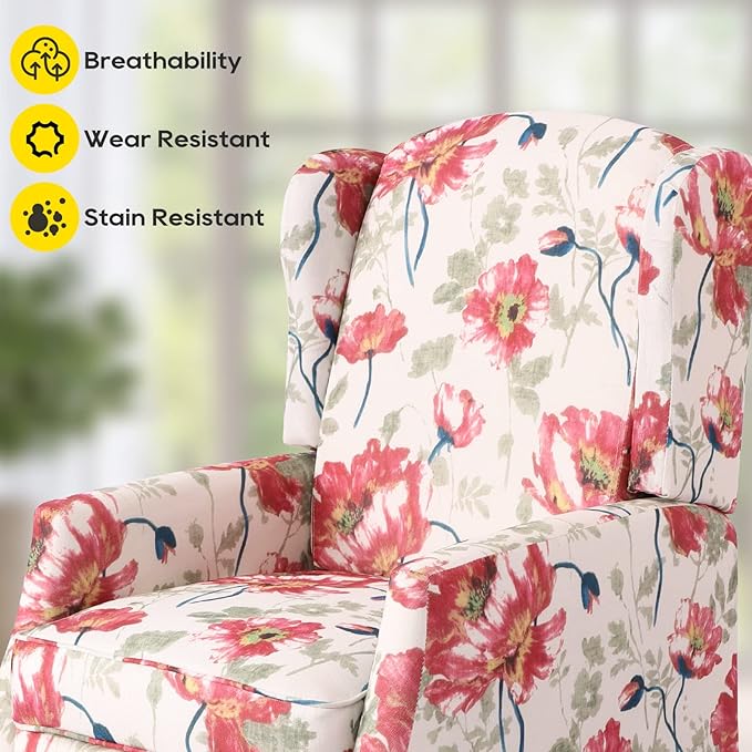 Upholstered Wingback Recliner Chair Traditional Push Back Recliner Chair with Padded Seat Fabric Floral Chair Wingback Recliner with Wooden Legs Small Recliners for Small Spaces