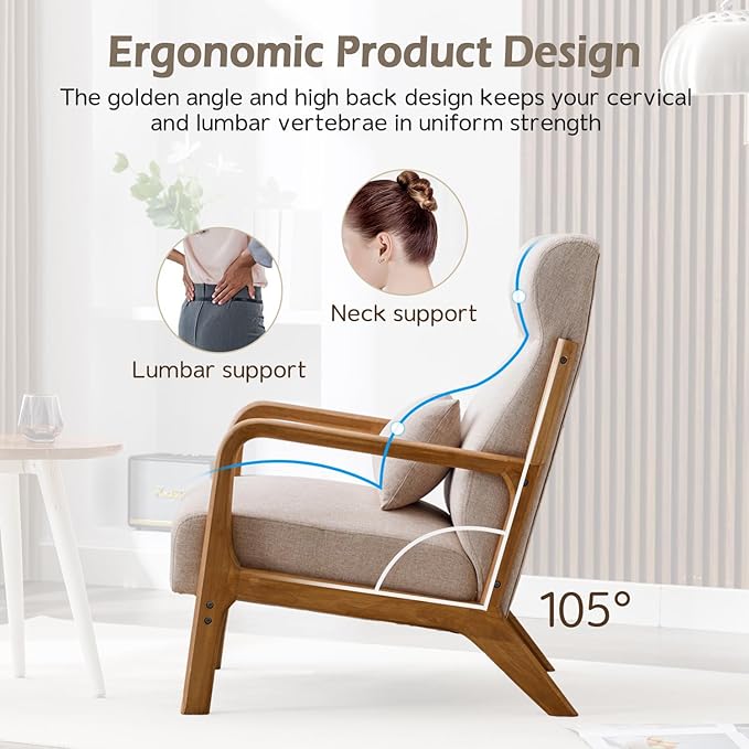 INZOY Mid Century Modern Accent Chair Set of 2 High Back Reading Armchair with Wood Frame Upholstered Living Room Chairs with Waist Cushion Single Lounge Arm Chair for Bedroom Sunroom Beige
