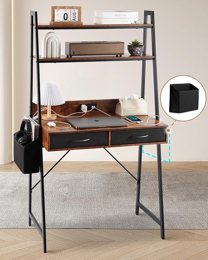Kathy&ampBob Small Home Office Study Desk - Freestanding Ladder Design with Fabric Drawers &amp Side Bag - Modern Vanity Makeup Desk - 2 Tier Shelf &amp Computer Gaming Station