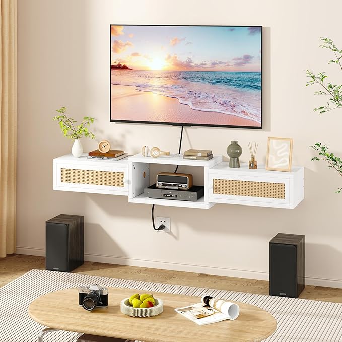 IBUYKE Modern Rattan Floating TV Stand with DoorsWall Mounted TV Shelf for TVs up to 55 InchesMedia Console Entertainment Center for Under TV Storage Cabinet for Living Room BedroomWhite UWST012W