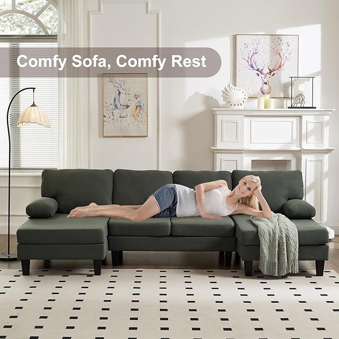 U Shaped Sectional Couches for Living Room 106.3 Modular Sofa with Double Chaises 4-Seater Sofa with Memory Foam Cushions Comfy Sectional Couches for Apartment Reception Room Green