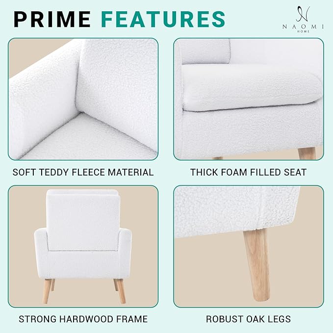 Naomi Home Frida Mid - Century Accent Chairs Set of 2 Durable Wood Frame Living Room Chairs Set of 2 Reading Chair with armrest Soft Teddy Fleece Side Chair Oak Legs arm Chairs - White