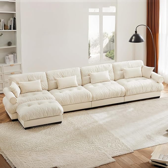 Ottoman for Large Sectional Couches for Living Room Cloud Modern Modular Deep Seat Sofa Set Comfy Couches Velvet Sofá para Sala Bedroom Apartment Beige