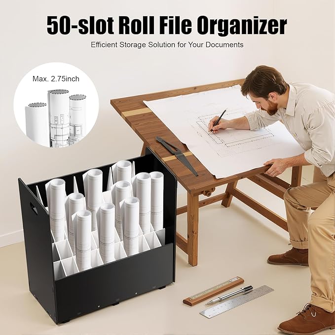 Mobile Roll File Storage Organizer with Wheels 50 Slots Black Mobile Files Storage Cabinet Construction Plan Holders Roll Files Storage for Office School(50 Slots Balck)