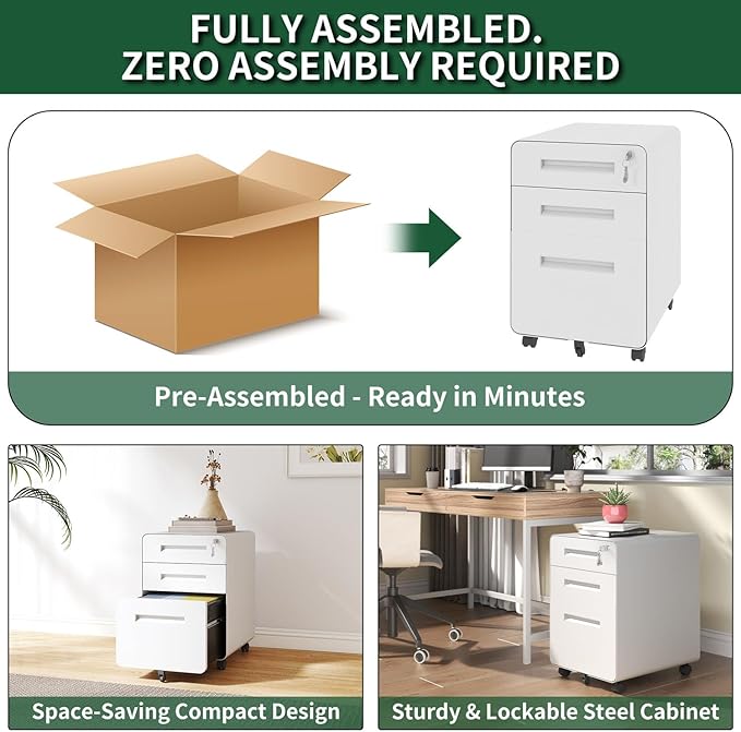 3 Drawer Mobile File Cabinet with LockUnder Desk Metal Filing Cabinets for Home Office Organizer Letters/Legal/A4 Fully Assembled (White+1)