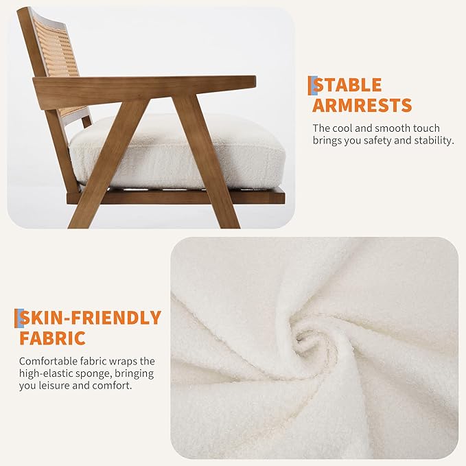 Accent Chair Mid Century Modern Comfy Living Room Chairs with Sturdy Wood Legs Rattan Backrest &amp Beige Thick Linen Cushion Armchair for Bedroom Balcony Apartment White
