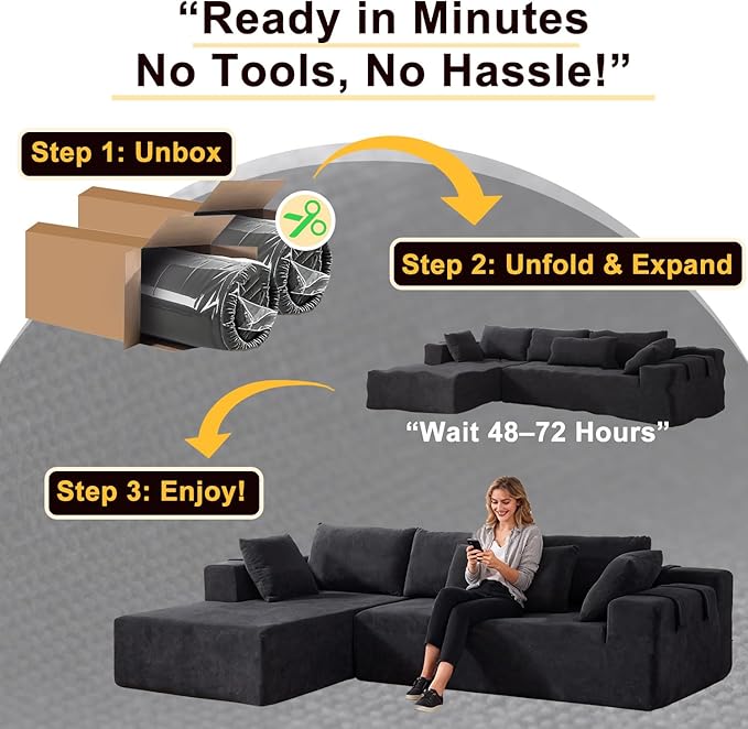 108 Modular Sectional Couch Sofa with L-Shape Chaise &amp 6 Pillows Modern Cloud Comfy Sofa with Deep Seat Upholstered Couches for Living Room Bedroom No Assembly Required (Black)
