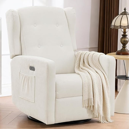 Swivel Rocker Power Recliner Chair for Nursery 270° Swivel Glider Recliner with USB &amp Type-C Charging Electric Reclining Chair with Storage Pockets Upholstered Recliner for Living Room(Cream)
