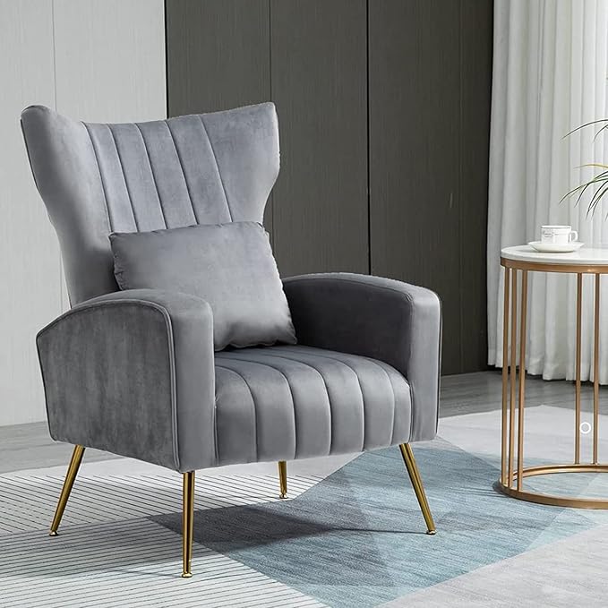 Modern Living Room Chairs Velvet Accent Chair Armchair with Lumbar Pillow High Back Bedroom Chairs Vanity Chair Barrel Chair Arm Chair with Gold Legs Grey