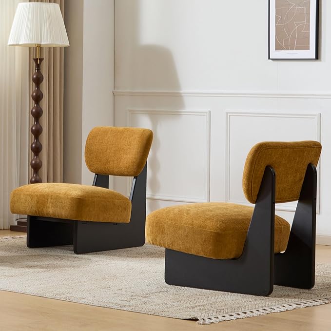 Set of Two Accent Chairs Chairs Living Room Set of 2 - Comfortable Accent Chair with Soft Upholstery Armless Chair with Wood Base for Small Spaces Living Room Bedroom (Black+Yellow)