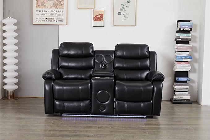 Faux Leather Manual Reclining Loveseat with LED and Console with SubWoofer
