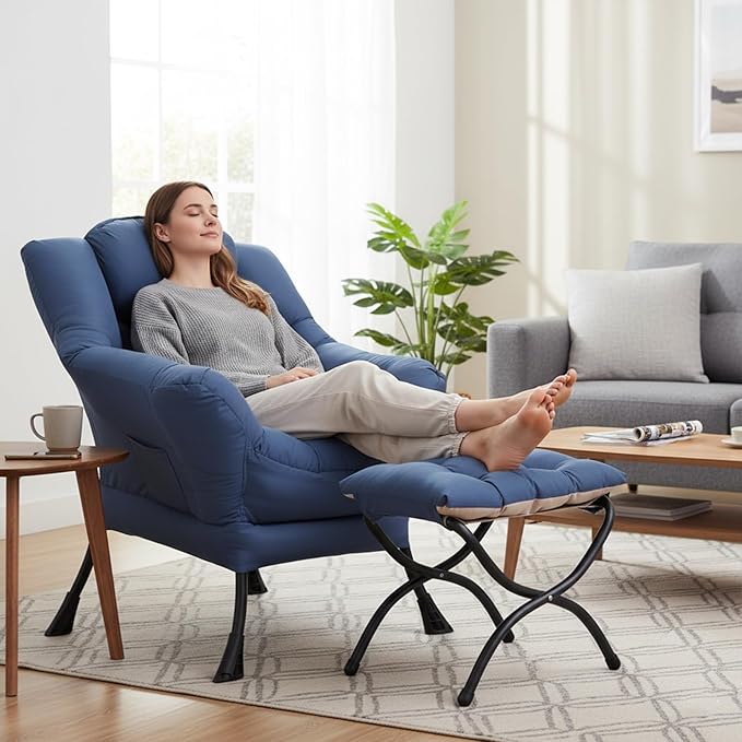 Welnow Lazy Chair with Ottoman Modern Accent Chair with Armrests and a Side Pocket Leisure Sofa Armchair Reading Armchair with Footrest for Small Space Royal Blue