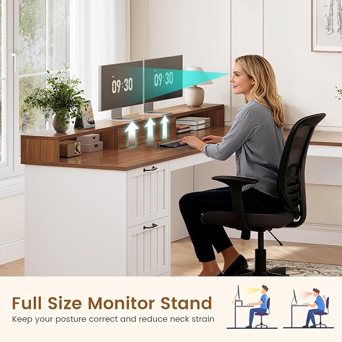 SEDETA Farmhouse L Shaped Desk with Drawers 63 Office Desk with File Drawers Wood Corner Computer Desk with Storage Home Office Desk with Monitor Stand and Storage Cabinet Brown and White