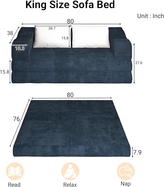 80 Foldable Chenille Futon Sofa Bed 4-in-1 Convertible Couch with 2 Pillows King-Size Floor Lounger for Living Room Guest Room Dorm - No Assembly (Blue 80in)