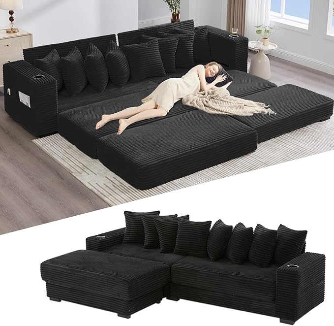 111 Inch Sleeper Sofa Bed | Convertible Cloud Sectional Couches for Living Room | L-Shaped Couch with Cup Holder Side Pocket 8 Pillpws | Black