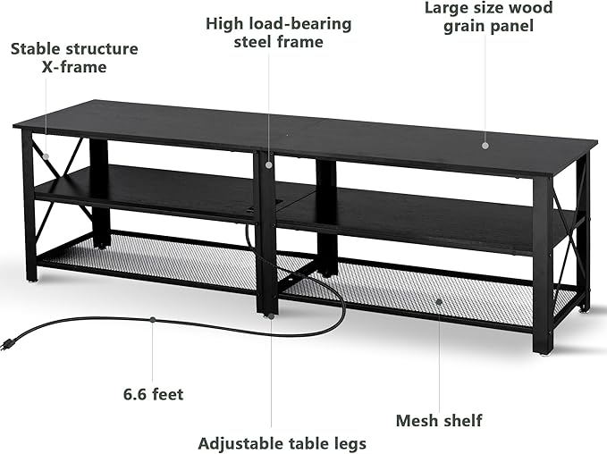 Clikuutory Modern Black 71 inch Metal TV Stand with LED Lights and Power Outlets for 50 60 65 70 75 80 Inch TVs 3 Tier Television Stands with Entertainment Center and Storage for Living Room Bedroom