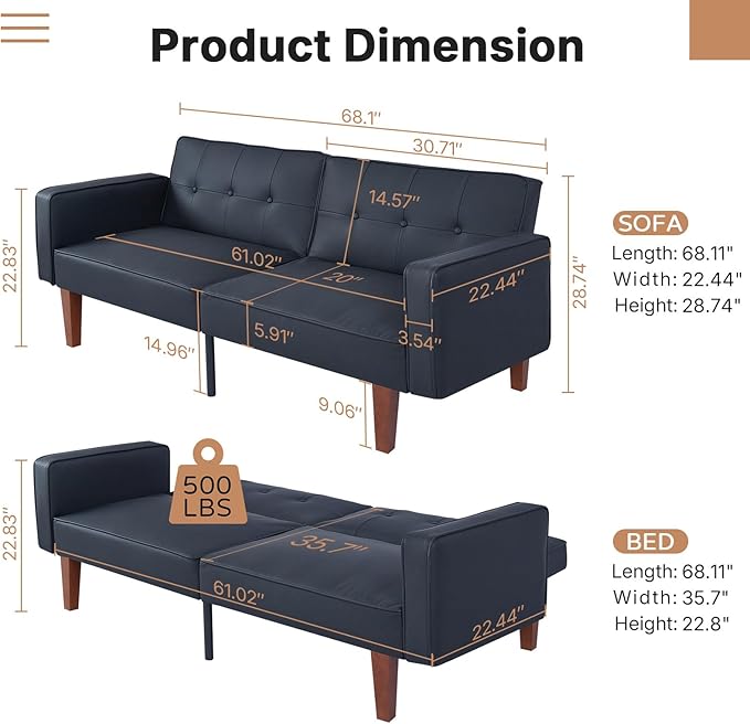 Futon Sofa Bed Leather Futon Couch Loveseat Convertible Recliner Lounge with Adjustable Backrest Foam and Spring Cushions for Living Room Apartment Office PU Leather Matte Black