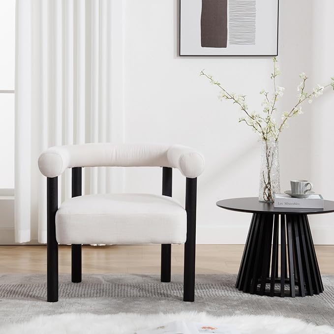 Wahson Modern Accent Chair with Black Wooden Legs Linen Upholstered Barrel Chair with Curved Backrest Small Reading Chair for Living Room/Bedroom/Office Beige