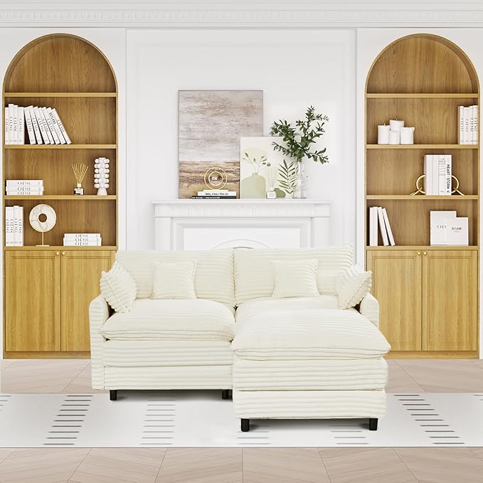 74 Cloud Couch Small Modern Modular Sectional Sofa with Ottoman &amp 4 Throw Pillows L-Shaped 3-Seater Deep Seat Corduroy Sofa Comfy Couch for Living Room Apartment Bedroom Office Beige