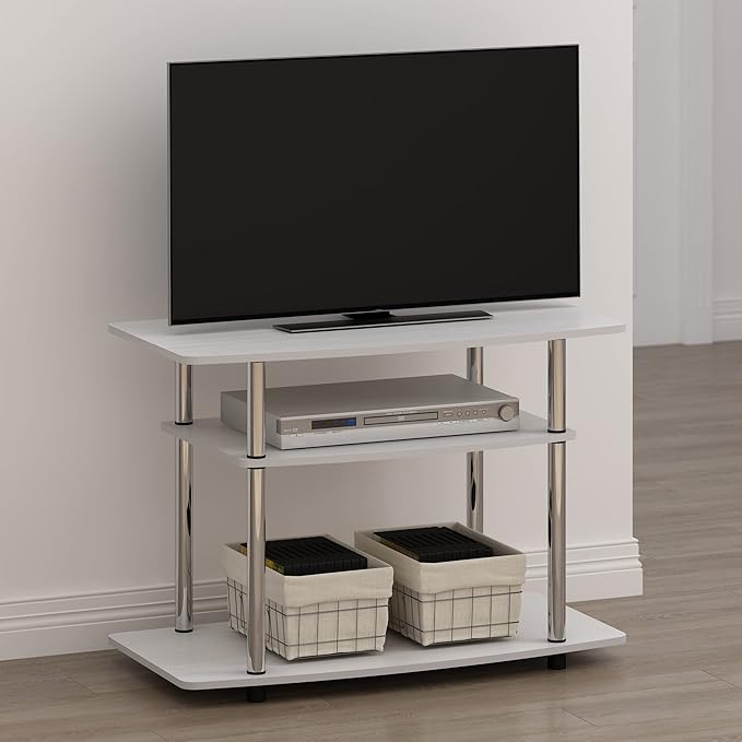 Furinno Turn-N-Tube No Tools 3-Tier Entertainment Center TV Stand for TV up to 32 Inch with Stainless Steel Tubes White Oak/Chrome