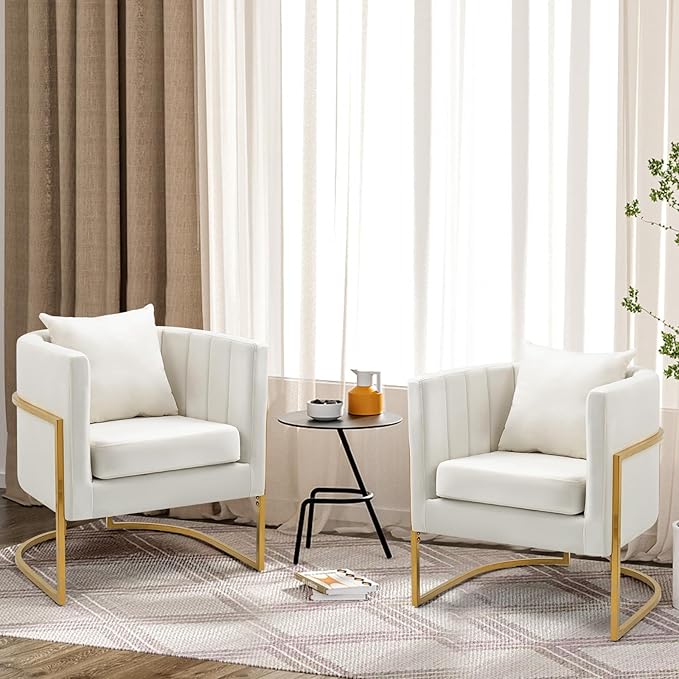 Velvet Modern Living Room Accent Chairs Set of 2 Upholstered Mid-Century Barrel Chairs for Bedroom Side Club Reception Chairs with Gold Metal Legs White