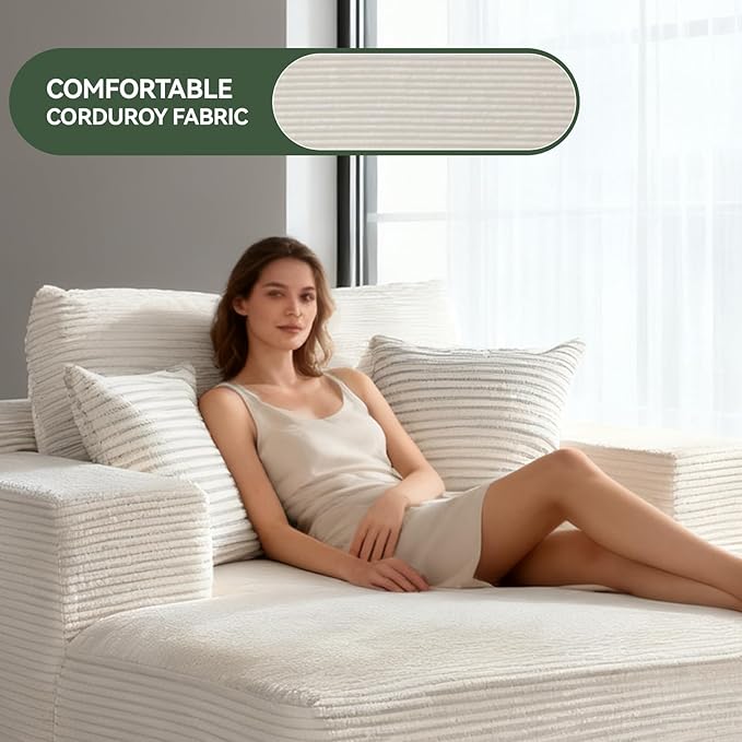 66 Oversized Chaise Lounge Chair Indoor Corduroy Upholstered Sofa Bed with Pocket Springs&ampHigh-Density Foam Deep Seat Sleeper Couch with 3 Pillows No Assembly for Living Room (Beige)