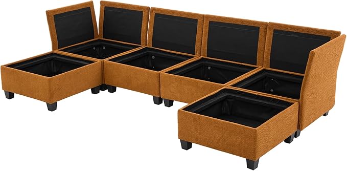 U Shaped Modular Sectional Sofa Couch with Storage Ottoman 6 Seat Convertible Upholstered Deep Seat Sofa with Chaise Lounge Comfy Cloud Couch for Living Room Orange