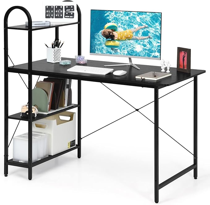 Tangkula 48-Inch Reversible Computer Desk with Storage Shelves Home Office Study Writing Desk with Bookshelves Writing Computer Workstation Home Office Desk (Black)