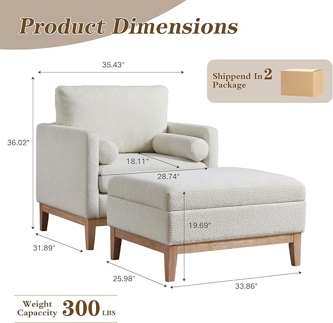 Mlmh &amp Kngwa 35.43 W Accent Chairs with Ottoman Upholstered Accent Chairs Ottoman Set with Natural Wood Legs Single Sofa Wingback Armchair for Living Room Bedroom Ivory