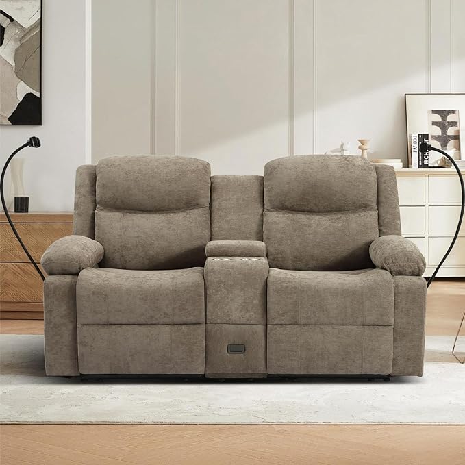 Manual Reclining Loveseat Sofa with Console Chenille Upholstered Couch for RV Living Room Apartment or Office Dual Recliners with Cup Holders Phone Holder Hidden Socket (Camel)