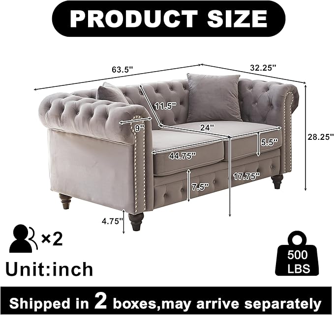 63.5 Velvet Oversize Chesterfield Grey Loveseat Sofa Rolled Arms Modern Sofa with Button Design and 2 Cushions for Living Room (Grey 63.5 Loveseat Sofa)