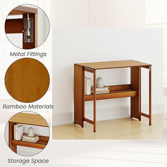 Wood Foldable DeskSpace Saving Foldable Table Bamboo Folding Desk Study Table with Bookshelf for Office Home Study Bedroom