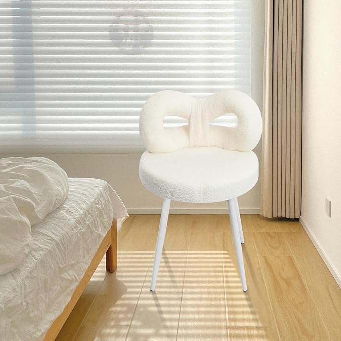 Cute Bow Backrest Chair Milky White Make-up Chair Bedroom Vanity Stool Armless Dressing Chair Small Upholstered Accent Chair Desk Chair for Bedroom Living Room