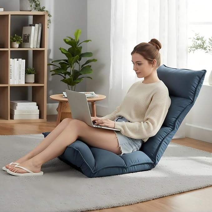 Dual-End 14-Position Recliner Chair with Ergonomic Back Support Single Sofa for Living Room (Blue)