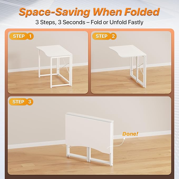 Huuger Folding Desk for Small Spaces 31.5 Inch Foldable Computer Table for Home Office Study Bedroom Dorm Space Saving Small Writing Work Office Computer Desk Easy to Fold White