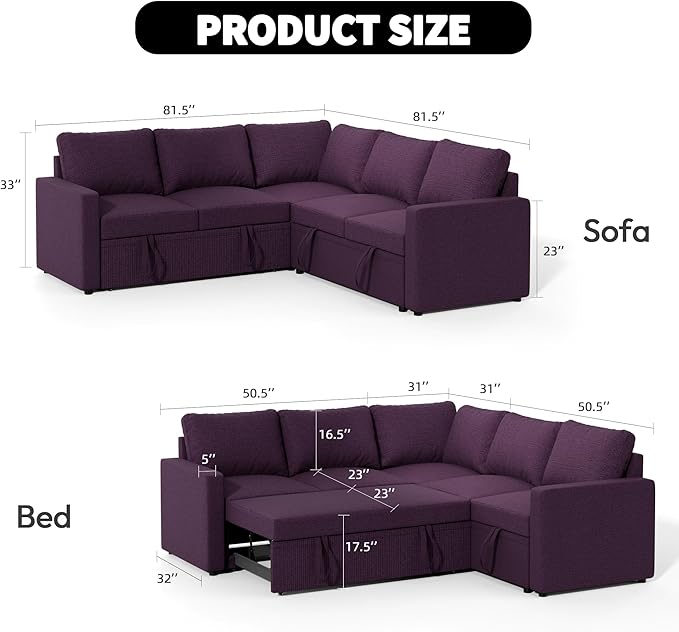 Modular Sofa Bed Couch with Storage 82 Reversible Sleeper Sofas with Pull Out Bed Pull Out Couch for Living Room Apartment Bedroom Office Dark Purple