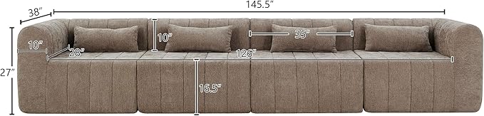 145.5 Inch Modular Full-Compressed Sectional SofaBeige Polyester Upholstered Modular Sofa with 4 PiecesCompressed Sponge Modular Couch for Living Room (Espresso#81)