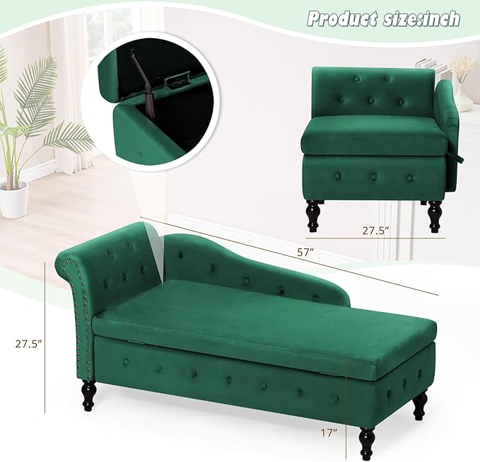 Upholstered Chaise Lounge with Left Armrest &amp Lumbar PillowButton Tufted Lounge Sofa with StorageLounge Chair IndoorModern Velvet Lounge Chair for Bedroom Living Room and OfficeGreen