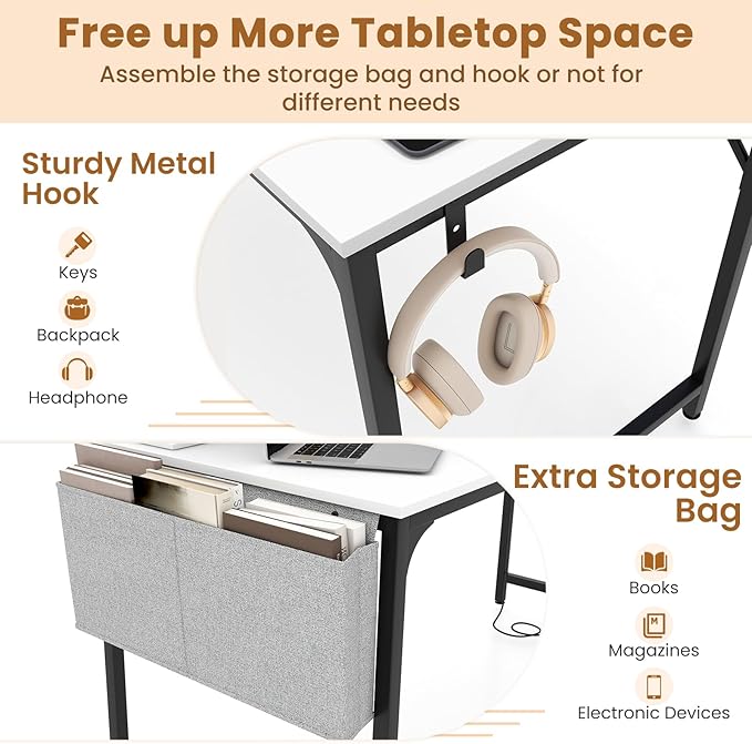 Giantex 32 Inch Computer Desk with Charging Station Home Office Writing Desk with Storage Bag &amp Headphone Hook Compact Gaming Table PC Workstation Modern Simple Laptop Desk for Bedroom Study