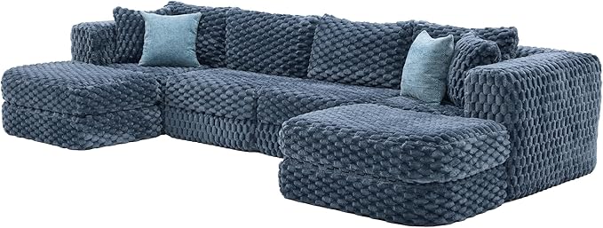 135.4 Oversized Bubble Velvet Modular Sectional Sofa Boneless Extra Deep Seat Cloud Couch U Shaped Convertible Floor Sofa with 2 Ottomans for Living Room No Assembly Needed (Blue)