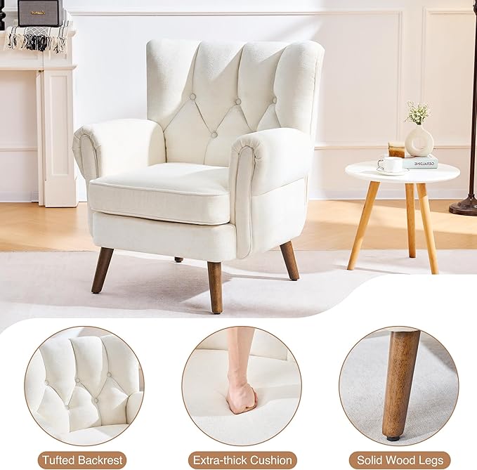 Chenille Wingback Accent Chairs Set of 2 Mid-Century Modern Living Room Armchair with Removable Cushions High Wingback Reading Chair Upholstered Comfy Chair for Living Room BedroomBeige