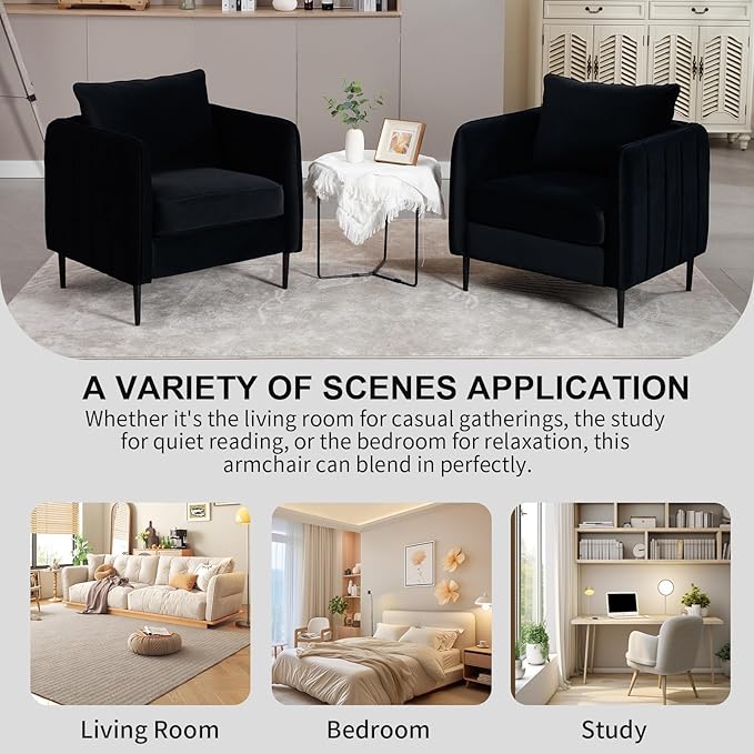 Modern Accent Chair Velvet Upholstered Living Room Chair with Pillow Mid-Century Armchair with Striped Armrest Living Room Chair for Bedroom Apartment (Black)