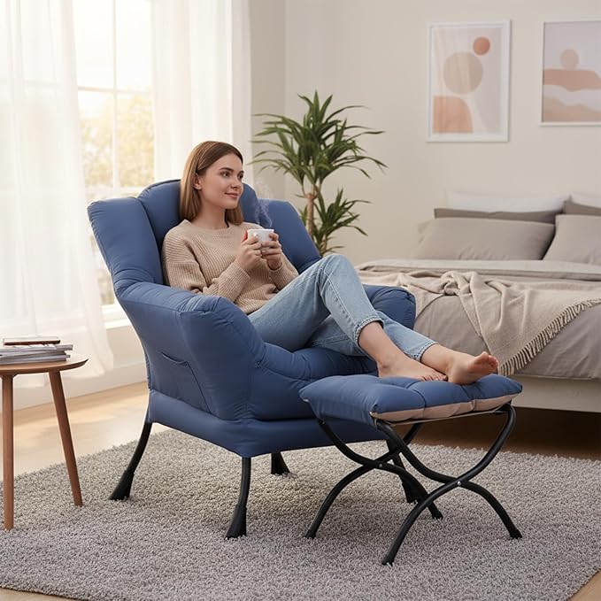 Welnow Lazy Chair with Ottoman Modern Accent Chair with Armrests and a Side Pocket Leisure Sofa Armchair Reading Armchair with Footrest for Small Space Royal Blue