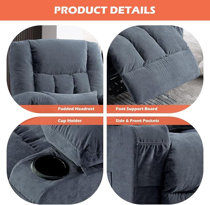 Recliner Chair with Cup Holders for Living Room Single Seat Manual Oversized Recliner with Ergonomic Side Pocket for Adult