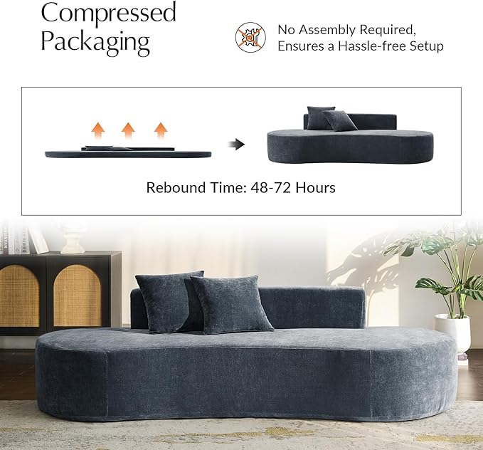 HULALA HOME 94.5 Curved Boneless Couch with Two Pillows Oversized 3 Seater Compressed Foam Sofa with Deep Seat Modern Cloud Couch for Living Room No Assembly Required Blue