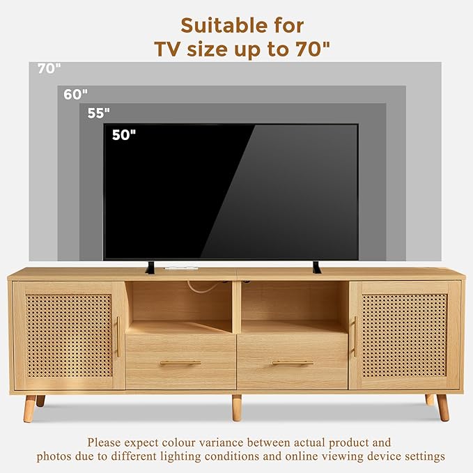 Rattan TV Stand for 70 Inch TV 63 Modern Entertainment Center with LED Light &amp Storage Shelves 2 Drawers and Cabinets Rattan Door Boho TV Stand with Outlet for Living Room Wood
